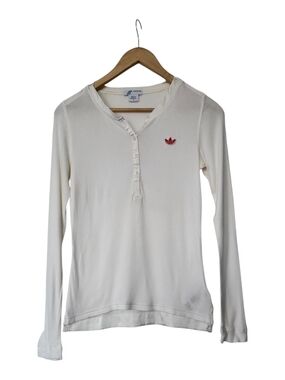 Adidas Cream Long Sleeve Henley Top with Red Trefoil